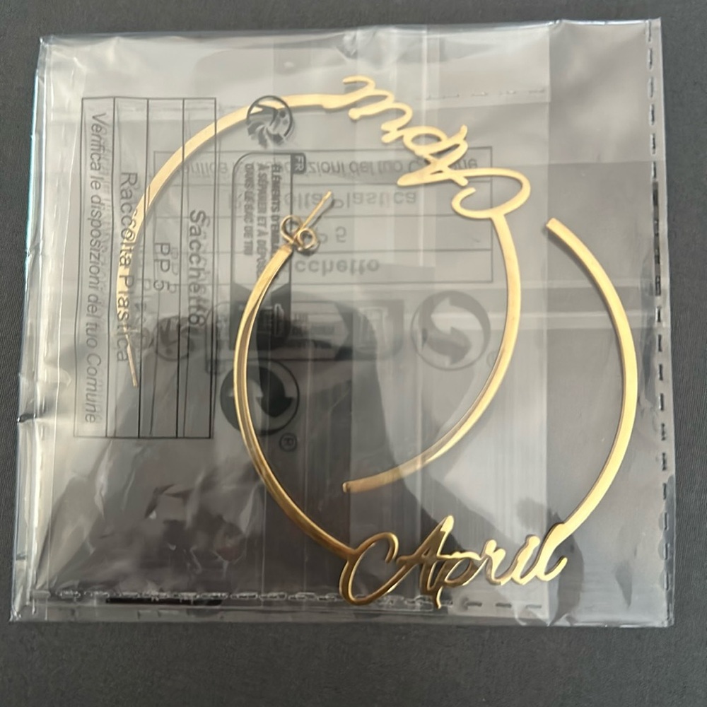Personalized Gold plated name plate earrings.(April)